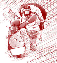  1boy armor chain_necklace chains commentary_request dated full_body highres jewelry jumpsuit jumpsuit_around_waist looking_at_viewer male_focus masked mechanic_(ragnarok_online) muscular muscular_male necklace pants pauldrons pectorals poring pullcart ragnarok_online red_theme short_hair shoulder_armor shrug_(clothing) solo takaha_momo welding_mask 