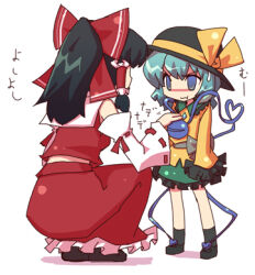  2girls :t aqua_hair black_hair black_shoes black_socks blue_eyes buttons closed_mouth collared_shirt commentary_request detached_sleeves diamond_button frilled_shirt_collar frilled_skirt frilled_sleeves frills hair_tubes hakurei_reimu heart heart_of_string houroku komeiji_koishi long_hair long_skirt lowres medium_hair multiple_girls red_shirt red_skirt ribbon-trimmed_sleeves ribbon_trim shirt shoes skirt sleeveless sleeveless_shirt socks squatting standing third_eye touhou translation_request v-shaped_eyebrows white_sleeves yellow_shirt 