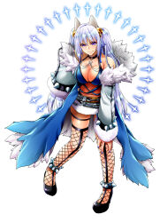  animal_ears bell black_shoes blue_bow blue_coat blue_hair blue_skirt blue_sports_bra bow breasts cleavage closed_mouth coat commentary_request detached_sleeves female fishnet_thighhighs fishnets fox_ears fox_girl full_body fur-trimmed_skirt fur-trimmed_sleeves fur_coat fur_trim grey_sleeves hairbow high_heels highres jingle_bell large_breasts leaning_forward long_hair looking_at_viewer miniskirt navel official_alternate_costume open_clothes open_coat ragnarok_online shadow_chaser_(ragnarok_online) shoes simple_background skirt smile solo spiked_anklet sports_bra standing takaha_momo thighhighs twintails uneven_eyes v-shaped_eyebrows white_background 