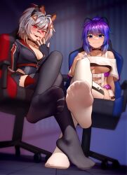  2girls bandage_on_face bandages bandaid bandaid_on_face bandaid_on_nose black_hoodie black_socks blue_eyes blue_hair blue_nails blush breasts choker cleavage commentary dark_persona dual_persona english_commentary feet foot_focus hair_ornament highres hood hoodie kairunoburogu large_breasts looking_at_viewer melody_(projektmelody) melware_(projektmelody) multicolored_hair multiple_girls open_mouth ponytail purple_hair red_eyes red_nails short_hair sitting smile socks soles streaked_hair thighhighs third-party_source toes triangle_hair_ornament underboob virtual_youtuber vshojo white_hair white_socks 