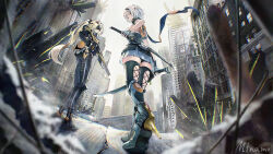  2girls anby_demara anby_demara_(silver_soldier) black_pants black_thighhighs blonde_hair boots building cityscape commentary eye_mask from_behind from_below high_heel_boots high_heels highres holding holding_sword holding_weapon long_hair minamo_(edosei_edo) multiple_girls outdoors pants short_hair shorts shorts_under_skirt skirt skyscraper sword thighhighs thighs trigger_(zenless_zone_zero) weapon white_hair white_skirt zenless_zone_zero 