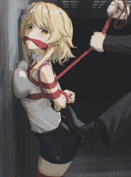  1boy absurdres against_wall black_pants black_shoes black_shorts blonde_hair bondage bondage bondage bound breast_press breasts cailin020 cloth_gag collared_shirt commentary english_commentary female flower from_side gag genshin_impact hair_flower hair_ornament highres improvised_gag looking_at_viewer lumine_(genshin_impact) paid_reward_available pants red_rope restrained rope shirt shoes short_shorts shorts sleeveless sleeveless_shirt solo_focus tying white_shirt yellow_eyes 