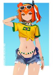  a.i._voice absurdres adachi_rei alternate_skin_color arm_behind_head bead_choker beads blue_background border bracelet brazilian_flag brazilian_flag_print brazilian_miku brazilian_miku_(cosplay) closed_mouth cosplay crop_top dark-skinned_female dark_skin denim denim_shorts earrings english_commentary eyewear_on_head female flag_print flower gradient_background green_trim hair_flower hair_ornament hair_ribbon hairclip hatsune_miku headset highland highres jewelry looking_at_viewer lowleg lowleg_shorts medium_hair midriff multiple_bracelets navel one_side_up open_fly orange_eyes orange_flower orange_hair radio_antenna rectangular_earrings ribbon shirt short_sleeves shorts smile solo sunglasses tan thighs tied_shirt utau white-framed_eyewear white_border white_ribbon yellow_nails yellow_shirt 