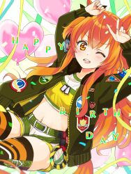  animal_ears arms_up balloon belt blush bomber_jacket breasts commentary_request confetti dog_tags female hair_between_eyes hair_ornament happy_birthday heart_balloon highres horse_ears horse_girl horse_tail im74516829 jacket looking_at_viewer mayano_top_gun_(umamusume) midriff navel one_eye_closed open_mouth orange_eyes orange_hair shorts small_breasts smile solo stomach tail teeth umamusume upper_teeth_only 