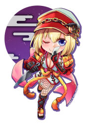  armor artist_name black_gloves blonde_hair blue_eyes blush breasts chibi cleavage clock_hat_ornament closed_mouth commentary_request dagger dated egasumi female fishnet_pantyhose fishnets full_body geta gloves hat hat_ornament holding holding_dagger holding_knife holding_weapon japanese_armor knife kunai large_breasts looking_at_viewer oboro_(ragnarok_online) one_eye_closed pantyhose peaked_cap ragnarok_online red_hat rope shimenawa short_hair shoulder_armor signature smile socks sode solo standing standing_on_one_leg takaha_momo vambraces weapon white_background white_socks 