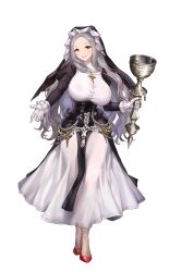  black_corset blush breasts brown_dust_(series) brown_dust_2 capelet chalice corset cup dress female fishnet_thighhighs fishnets full_body gloves highres holding holding_staff juliet_sleeves large_breasts lips long_hair long_sleeves looking_at_viewer michaela_(brown_dust) nun official_art open_mouth puffy_sleeves red_eyes red_shoes rosary shoes simple_background smile solo staff teeth thighhighs transparent_background white_capelet white_dress white_gloves 