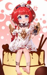  :o anger_vein bare_shoulders barefoot black_hairband blue_eyes blush chocolate commentary_request dress female flower-shaped_pupils food hairband heart highres honkai:_star_rail honkai_(series) in_food long_hair looking_at_viewer mini_person minigirl off-shoulder_dress off_shoulder open_mouth pink_background pleated_dress pointy_ears red_hair sitting solo symbol-shaped_pupils tribbie_(honkai:_star_rail) two-tone_background white_background white_dress zhai_mu_q 