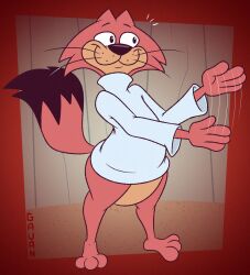  2025 anthro artist_name black_eyes black_nose black_tail choo-choo_(top_cat) clothing digital_media_(artwork) domestic_cat felid feline felis fur gavanzude hanna-barbera hi_res male mammal motion_lines multicolored_body multicolored_fur pink_body pink_ears pink_fur pink_tail pose smile solo standing sweater tail tan_body tan_fur text three-quarter_view top_cat_(series) topwear two_tone_body two_tone_fur two_tone_tail whiskers white_clothing white_sweater white_topwear 