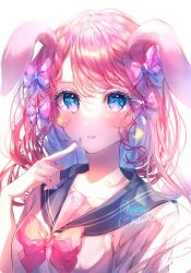  animal_ears blue_eyes blue_nails bow bowtie fake_animal_ears female finger_to_cheek hairbow highres long_hair mira_hidume original parted_lips pink_eyes pink_hair portrait rabbit_ears sailor_collar sailor_shirt shirt signature simple_background solo two-tone_eyes white_background 