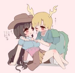  2girls ;o ankle_socks bare_legs barefoot bird_wings black_hair black_ribbon blonde_hair blue_shirt blue_skirt blush breasts brown_eyes brown_hat brown_skirt collarbone commentary_request corset cowboy_hat dragon_horns dragon_tail eyelashes feathered_wings frilled_shirt frilled_sleeves frills full_body green_tail hand_on_another&#039;s_cheek hand_on_another&#039;s_face hat highres horns horse_tail kicchou_yachie knees knees_up kurokoma_saki layered_skirt long_skirt looking_at_another miniskirt multiple_girls off-shoulder_shirt off_shoulder one_eye_closed open_mouth parted_bangs pink_background pink_corset pleated_skirt puffy_short_sleeves puffy_sleeves ribbon shadow shirt short_hair short_sleeves simple_background sitting skirt smile socks square_neckline standing sweat tail takeyasu510 touhou translation_request turtle_shell white_socks wings yellow_horns yuri 