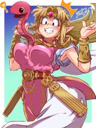  ? artist_name bead_necklace beads belt between_breasts blonde_hair blue_background blush border breasts circlet clenched_teeth commentary_request copy_ability dress earrings female gold_bracer gradient_background green_background hands_up highres jewelry large_breasts long_hair mother_(series) mother_3 necklace outside_border parted_bangs pink_dress pink_gemstone pointy_ears princess_zelda rope_snake shirt snake solo super_smash_bros. teeth the_legend_of_zelda the_legend_of_zelda:_a_link_between_worlds triforce two-tone_dress white_border white_dress you_bird 