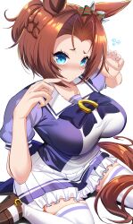  absurdres alternate_hairstyle animal_ears blue_eyes bow breasts brown_hair brown_shoes commentary_request female flying_sweatdrops hair_between_eyes highres horse_ears horse_girl horse_tail kawakami_princess_(umamusume) large_breasts loafers looking_at_viewer maou_(maoudaisukiya) medium_hair pleated_skirt purple_bow purple_shirt school_uniform shirt shoes simple_background sitting skirt solo summer_uniform tail thighhighs tracen_school_uniform umamusume wariza white_background white_skirt white_thighhighs 