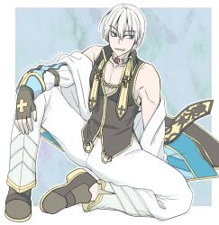  1boy arch_bishop_(ragnarok_online) artist_name black_gloves black_shirt black_shoes blue_background blue_eyes choker commentary_request cross cross_of_prontera dated fingerless_gloves full_body gloves gold_trim grin hair_between_eyes highres long_bangs long_sleeves looking_to_the_side male_focus official_alternate_costume pants pectoral_cleavage pectorals ragnarok_online shirt shoes short_hair sleeveless sleeveless_shirt smile solo takaha_momo white_choker white_hair white_pants 