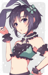  :o animal_ears antenna_hair arm_garter bare_shoulders black_eyes black_hair black_wrist_cuffs blush border bow collar fake_animal_ears female frilled_collar frilled_wrist_cuffs frills grey_background hairbow hand_up idolmaster idolmaster_(classic) kikuchi_makoto looking_at_viewer midriff miyagi navel outside_border rabbit_ears short_hair solo sparkle strapless tube_top upper_body white_border wrist_cuffs 