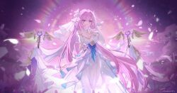  absurdres alternate_costume bare_shoulders breasts bridal_gauntlets bridal_veil caisena character_name chinese_commentary cleavage collar commentary_request detached_collar dress elysia_(herrscher_of_human:_ego)_(honkai_impact) elysia_(honkai_impact) female floating_drapes flower hair_flower hair_ornament highres honkai_(series) honkai_impact_3rd large_breasts long_hair looking_at_viewer nail_polish parted_lips pink_hair pink_nails purple_eyes signature smile solo strapless strapless_dress veil very_long_hair white_bridal_gauntlets white_collar white_flower white_veil 