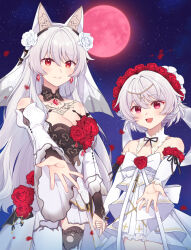  2girls animal_ears closed_mouth dress earrings fake_animal_ears flower full_moon hair_flower hair_ornament highres holding_hands honkai_(series) honkai_impact_3rd jewelry looking_at_viewer moon multiple_girls night night_sky official_alternate_costume open_mouth petals reaching reaching_towards_viewer red_eyes red_flower red_moon red_rose ring rose rose_petals sky smile star_(sky) starry_sky theresa_apocalypse theresa_apocalypse_(luna_kindred) theresa_apocalypse_(lunar_vow:_crimson_love) theresa_apocalypse_(till_death_do_us_part) wedding_dress wei_qian_mo_he white_dress white_flower white_hair white_rose 