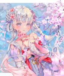  bare_shoulders breasts cherry_blossoms commentary detached_sleeves dress earrings female flower flower-shaped_pupils hair_flower hair_ornament hair_ribbon highres holding holding_flower isuzu_(an_icy_cat) jewelry jinhsi_(peach_blossom)_(wuthering_waves) jinhsi_(wuthering_waves) light_blush long_hair looking_at_viewer low_twintails medium_breasts nail_polish official_alternate_costume parted_lips pink_flower pink_nails pink_pupils purple_ribbon ribbon smile solo symbol-shaped_pupils twintails upper_body very_long_hair white_dress white_eyes white_hair white_sleeves wuthering_waves 
