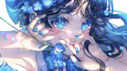  aqua_eyes armpits arms_up blue_hair blue_nails bow bowtie covering_own_mouth female flower flower_in_eye hair_flower hair_ornament hairbow hand_over_own_mouth highres holding holding_flower long_hair mira_hidume original pink_lips portrait rotated simple_background solo symbol_in_eye white_background 