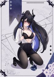  asymmetrical_bangs asymmetrical_horns black_bra black_hair black_panties black_pantyhose black_shoes blue_hair blunt_bangs blush border bra breasts cleavage collarbone colored_inner_hair commentary demon_horns female floral_background flower full_body high_heels high_ponytail highres hololive hololive_english horn_flower horns jailbird_(nerissa_ravencroft) jewelry kneeling lace lace_bra lace_panties lapels large_breasts lingerie long_hair long_sleeves looking_down mole mole_under_eye mouth_hold multicolored_hair necklace nerissa_ravencroft nerissa_ravencroft_(casual) noelther_(artist) office_lady official_alternate_costume official_alternate_hairstyle ornate_border panties panties_over_pantyhose panty_peek pantyhose pencil_skirt ponytail red_eyes shirt shirt_tucked_in shoes side_slit sidelocks signature skirt skirt_suit slit_pupils solo suit unbuttoned unbuttoned_shirt underwear virtual_youtuber white_shirt 