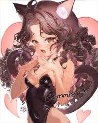  absurdres ahoge animal_ears black_leotard bow brown_eyes brown_hair cat_ears cat_girl cat_tail choker commission english_text female heart heart-shaped_pupils highres kittysuit leotard long_hair looking_at_viewer mila_(milaart12) nontraditional_playboy_bunny oerba_yun_fang open_mouth original signature skin_fang solo strapless strapless_leotard symbol-shaped_pupils tail tail_bow tail_ornament 
