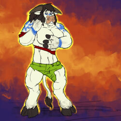  1:1 2022 2_horns 3_fingers after_transformation ageaus anthro arms_bent black_eyes black_hooves blizzard_entertainment blue_paint bodypaint bottomwear bovid bovine breasts brown_eyebrows brown_hair brown_horn brown_tail_tuft clothing cloven_hooves colored covering covering_breasts digital_drawing_(artwork) digital_media_(artwork) english_description eyebrows eyelashes fan_character female fingers fire fur glowing glowing_body green_bottomwear green_clothing green_pants hair hi_res hooved_fingers hooves horn long_hair mammal medium_breasts muscular muscular_anthro muscular_female muscular_thighs navel outside paint pants red_clothing red_shirt red_topwear shirt solo standing tail tail_tuft tauren topwear torn_bottomwear torn_clothing torn_pants torn_shirt torn_topwear troodon_(character) tuft warcraft white_body white_fur white_tail yellow_glow 