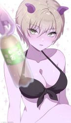  1other absurdres bikini black_bikini blonde_hair blurry bottle breasts cleavage colored_skin commentary_request demon_girl depth_of_field dragon_quest dragon_quest_x female front-tie_bikini_top front-tie_top green_eyes highres holding holding_bottle horns large_breasts looking_at_another looking_to_the_side nikon_(user_aznh7528) out_of_frame pixie_cut pointy_ears purple_horns purple_lips purple_skin short_hair sparkle sweat swimsuit upper_body valeria_(dragon_quest) white_background 
