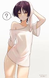  1boy ? akumana arm_behind_back arm_up black_hair blunt_ends blush closed_mouth collarbone genshin_impact hair_between_eyes half-closed_eyes highres holding holding_towel looking_at_viewer looking_down male_focus naked_shirt otoko_no_ko purple_eyes purple_pupils scaramouche_(genshin_impact) shirt short_sleeves signature single_bare_shoulder single_off_shoulder solo spoken_question_mark towel twitter_username wet white_background white_sleeves wide_sleeves wiping wispy_bangs 