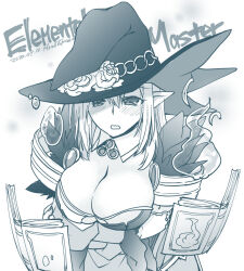  blush book breasts character_name cleavage commentary_request dated detached_collar dress elemental_master_(ragnarok_online) female fur-trimmed_dress fur_trim hat holding holding_book large_breasts long_hair looking_at_viewer open_mouth ragnarok_online simple_background solo takaha_momo upper_body witch_hat 