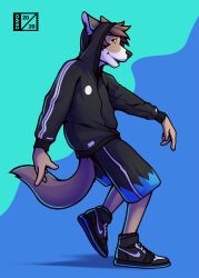  2020 anthro black_bottomwear black_clothing black_footwear black_hoodie black_nose black_shoes black_shorts black_topwear bottomwear brown_body brown_fur brown_hair canid canine canis clothed clothed_male clothing countershading d3mo footwear fully_clothed fully_clothed_male fur furgonomics gesture hair hand_gesture hi_res high_top_shoes hoodie inner_ear_fluff looking_at_viewer male mammal pointing shoes shorts side_view signature simple_background solo topwear toxey_clawwolf tuft walking white_body white_fur wolf 