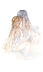  2girls absurdres bare_shoulders blonde_hair breasts cleavage closed_mouth dress facing_another grey_hair highres kissing kissing_forehead long_hair multiple_girls original simple_background sitting standing swkl:d white_background white_dress yuri 