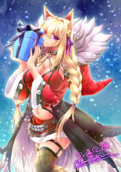  animal_ears artist_name bad_bluesky_id bad_id bell black_coat blonde_hair blue_background box braid breasts christmas cleavage closed_mouth coat commentary_request cowboy_shot dated detached_sleeves female fingernails fishnet_thighhighs fishnets fox_ears fox_girl fur-trimmed_skirt fur-trimmed_sleeves fur_coat fur_trim gift gift_box grey_thighhighs hair_bell hair_between_eyes hair_ornament hair_ribbon holding holding_gift jingle_bell large_breasts long_bangs long_hair long_sleeves looking_at_viewer miniskirt official_alternate_costume open_clothes open_coat purple_eyes purple_ribbon ragnarok_online red_skirt red_sleeves red_sports_bra ribbon shadow_chaser_(ragnarok_online) signature skirt smile solo sports_bra takaha_momo thighhighs twin_braids 
