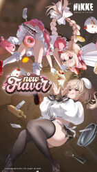  2girls black_nails black_skirt black_thighhighs braid bready_(nikke) cake chef_hat closed_mouth cropped_shirt donut dress english_commentary food frying_pan goddess_of_victory:_nikke hat highres long_hair long_sleeves midair multiple_girls open_mouth panties pantyshot pink_dress red_shoes rolling_pin shirt shoes short_sleeves skirt spatula strawberry_shortcake thick_thighs thighhighs thighs tongs tongue tongue_out twin_braids underwear whisk white_panties white_shirt 