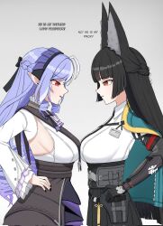  2girls animal_ears arms_at_sides black_hair black_skirt breast_press breasts commentary english_commentary fox_ears highres hoshimi_miyabi jealous large_breasts long_hair multiple_girls na_(naneesan1) pointy_ears purple_hair red_eyes shirt sideboob skirt symmetrical_docking vivian_(zenless_zone_zero) white_shirt zenless_zone_zero 