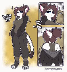  2025 animated anthro blue_sclera breasts brown_hair cateline clothed clothing domestic_cat english_text felid feline felis female fur hair hi_res looking_at_viewer mammal ponytail short_playtime solo tail tail_motion tailwag text the_man white_body white_fur 