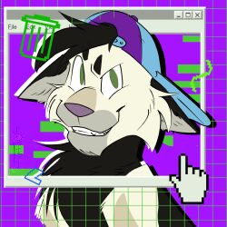  1990s_theme 1:1 2024 ambiguous_gender backwards_baseball_cap backwards_hat baseball_cap black_body black_fur bust_portrait clothing cursor digital_drawing_(artwork) digital_media_(artwork) domestic_cat ears_down fan_character felid feline felis feral flat_colors fur green_eyes grey_body grey_fur grin hat head_tuft headgear headwear hi_res iconography looking_at_viewer mammal mouse_cursor pivoted_ears portrait purple_nose s0lchaser smile solo tuft warriors_(book_series) white_body white_fur window_(computing) 