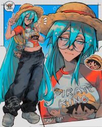  1boy :o absurdres artist_name backpack bag baggy_pants black_hair black_pants blue_eyes blue_hair blush border breasts character_charm character_request charm_(object) closed_mouth commentary cosplay dot_nose english_commentary english_text female glasses hair_between_eyes half-closed_eyes hands_up hat hatsune_miku highres long_hair looking_at_viewer looking_back looking_to_the_side medium_breasts midriff_peek monkey_d._luffy monkey_d._luffy_(cosplay) multiple_views navel notice_lines one_piece open_mouth outside_border pants print_pants print_shirt red_shirt round_eyewear sainttufa shirt shoes short_hair short_sleeves solid_circle_eyes sparkle spoken_symbol standing straw_hat very_long_hair vocaloid white_shirt white_shoes yellow_bag 