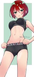 amate_yuzuriha aqua_eyes bike_shorts black_sports_bra blush breasts commentary crop_top english_text female gundam gundam_gquuuuuux harii_(janib5kc) highres holding looking_at_viewer midriff mixed-language_text open_mouth red_hair short_hair shorts solo sports_bra sportswear watermark 