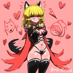  1boy animal animal_ears bikini black_bikini black_gloves black_ribbon black_souls black_souls_2 black_thighhighs blonde_hair blue_eyes blush breasts cape embarrassed facial_mark female fur_trim gloves grimm_(black_souls) heart highres hood hooded_cape knife looking_at_viewer m8n8xide pink_background poro_(black_souls) red_cape red_hood_(black_souls) revealing_clothes ribbon sidelocks signature small_breasts swimsuit tail tail_wagging thighhighs v-shaped_eyebrows whisker_markings wolf_ears wolf_tail 