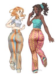  2girls absurdres alternate_costume annette_fantine_dominic annette_fantine_dominic_(timeskip) aqua_camisole ass ass_focus bell-bottoms blue_camisole blue_eyes brown_hair camisole casual clenched_hands cropped_shirt dark-skinned_female dark_skin eyeliner eyeshadow fire_emblem fire_emblem:_three_houses fire_emblem_engage forbidden_pants from_behind full_body hair_ornament hair_scrunchie hand_up hands_up highres juicet1n looking_at_viewer looking_back makeup meme_attire midriff multiple_girls navel orange_eyeshadow orange_hair pants pink_eyeliner ponytail print_pants purple_eyeshadow scrunchie shirt short_hair short_sleeves smile standing symbol-shaped_pupils tight_clothes tight_pants timerra_(fire_emblem) twisted_torso two-tone_pants very_dark_skin white_shirt 
