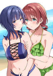  2girls absurdres aqua_eyes asaka_karin beach bikini blue_bikini blue_eyes blue_hair blush bow bowtie breasts brown_hair cleavage collarbone commentary_request drill_hair e_atkenedm emma_verde freckles green_bow green_bowtie highres large_breasts love_live! love_live!_nijigasaki_high_school_idol_club mole mole_on_collarbone multiple_girls multiple_moles navel official_alternate_hairstyle outdoors pout sweatdrop swimsuit twin_drills water 