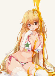  arm_support artist_name bikini blonde_hair breasts brown_eyes cleavage commentary_request elbow_gloves female finger_to_mouth gloves halterneck honey jam_(lc_jam) large_breasts leaning_to_the_side long_hair navel official_alternate_costume pouring print_bikini shokuhou_misaki shokuhou_misaki_(desired_swimsuit) side-tie_bikini_bottom sitting solo spider_web_print star-shaped_pupils star_(symbol) star_print string_bikini swimsuit symbol-shaped_pupils thighhighs toaru_kagaku_no_railgun toaru_majutsu_no_index toaru_majutsu_no_index:_imaginary_fest twitter_username very_long_hair white_background white_bikini white_gloves white_thighhighs yokozuwari 