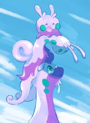  2023 absurd_res ambiguous_gender antennae_(anatomy) anthro blush blush_lines closed_eyes dietranch feral generation_6_pokemon goodra goomy green_eyes group hi_res looking_at_another nintendo open_mouth pokemon pokemon_(species) purple_body sliggoo slime smile trio 