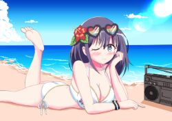  barefoot beach bikini blue_eyes breasts cleavage female floral_print flower hair_flower hair_ornament halterneck heart heart-shaped_eyewear hibiscus highres horizon large_breasts leg_up looking_at_viewer lying medium_hair misora_(princess_connect!) misora_(summer)_(princess_connect!) multicolor-tinted_eyewear nojyo_plus ocean on_stomach one_eye_closed princess_connect! print_bikini purple_hair radio rainbow-tinted_eyewear red_flower sand side-tie_bikini_bottom sidelocks single_wrist_cuff smile soles solo swimsuit tinted_eyewear toes white_bikini wrist_cuffs 