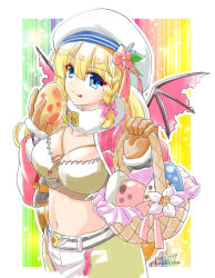  :q artist_name basket blonde_hair blue_eyes border breasts brown_gloves brown_shirt brown_shorts cleavage closed_mouth commentary_request cowboy_shot crop_top dated egg female flower fur_collar gloves hat hat_flower holding holding_basket holding_egg jacket large_breasts long_hair looking_at_viewer midriff navel outside_border pink_flower pink_wings ragnarok_online rainbow_background red_jacket shirt shorts shrug_(clothing) smile solo takaha_momo tam_(ragnarok_online) tongue tongue_out white_border wind_hawk_(ragnarok_online) wings 