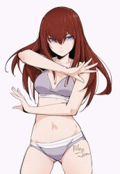  artist_name ass_visible_through_thighs blue_eyes bra breasts brown_hair closed_mouth cowboy_shot female hair_between_eyes hand_up long_hair looking_at_viewer makise_kurisu medium_breasts navel panties purple_bra purple_panties relaxjon simple_background solo steins;gate underwear underwear_only white_background 