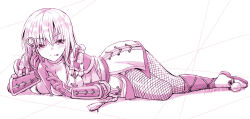  :p blush breasts cleavage closed_mouth commentary_request female fishnet_pantyhose fishnets full_body gloves japanese_clothes kimono kunai large_breasts looking_at_viewer lying monochrome ninja oboro_(ragnarok_online) on_side pantyhose pink_theme ragnarok_online sandals short_kimono smile solo takaha_momo tongue tongue_out v-shaped_eyebrows weapon 