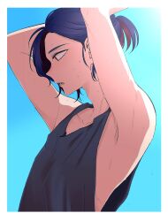  1boy blue_background blue_hair border colored_inner_hair commentary_request gundam gundam_gquuuuuux highres looking_to_the_side male_focus multicolored_hair nitou426 open_mouth ponytail purple_hair red_eyes short_hair shuji_ito simple_background sleeveless solo sweat tank_top two-tone_hair upper_body white_border 