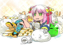  alcohol artist_name beer beer_mug bell black_socks blue_jacket boots breasts commentary_request cup dated empty_eyes female full_body gold_bar green_eyes hair_bell hair_ornament hair_stick jacket jingle_bell large_breasts long_hair meister_(ragnarok_online) money_bag mug open_clothes open_jacket open_mouth pink_hair poporing ragnarok_online reclining sack shirt sleeveless sleeveless_shirt slime_(creature) smile socks solo takaha_momo white_shirt yellow_boots 