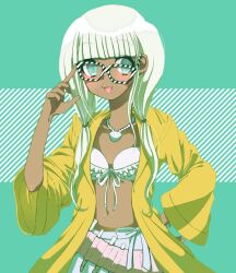  :3 adjusting_eyewear bikini bikini_top_only blue_eyes blunt_bangs blush commentary_request crooked_eyewear danganronpa_(series) danganronpa_v3:_killing_harmony dark-skinned_female dark_skin eyelashes female frilled_bikini_top glasses hand_on_eyewear jacket jewelry long_hair long_sleeves miaivz navel necklace open_clothes open_jacket open_mouth shell shell_necklace skirt smile solo stomach striped_glasses swimsuit tan twintails white_bikini white_hair white_skirt yellow_jacket yonaga_angie 