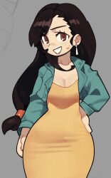  black_hair breasts brown_eyes cleavage commentary cowboy_shot dress earrings female final_fantasy final_fantasy_vii green_jacket hand_on_own_hip inktaru jacket jewelry large_breasts long_hair low-tied_long_hair open_mouth outside_border smile solo sweatdrop tifa_lockhart very_long_hair wide_hips yellow_dress 